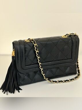 CHANEL Vintage RARE Black Lizard Exotic Small Flap Shoulder Bag Gold Chain